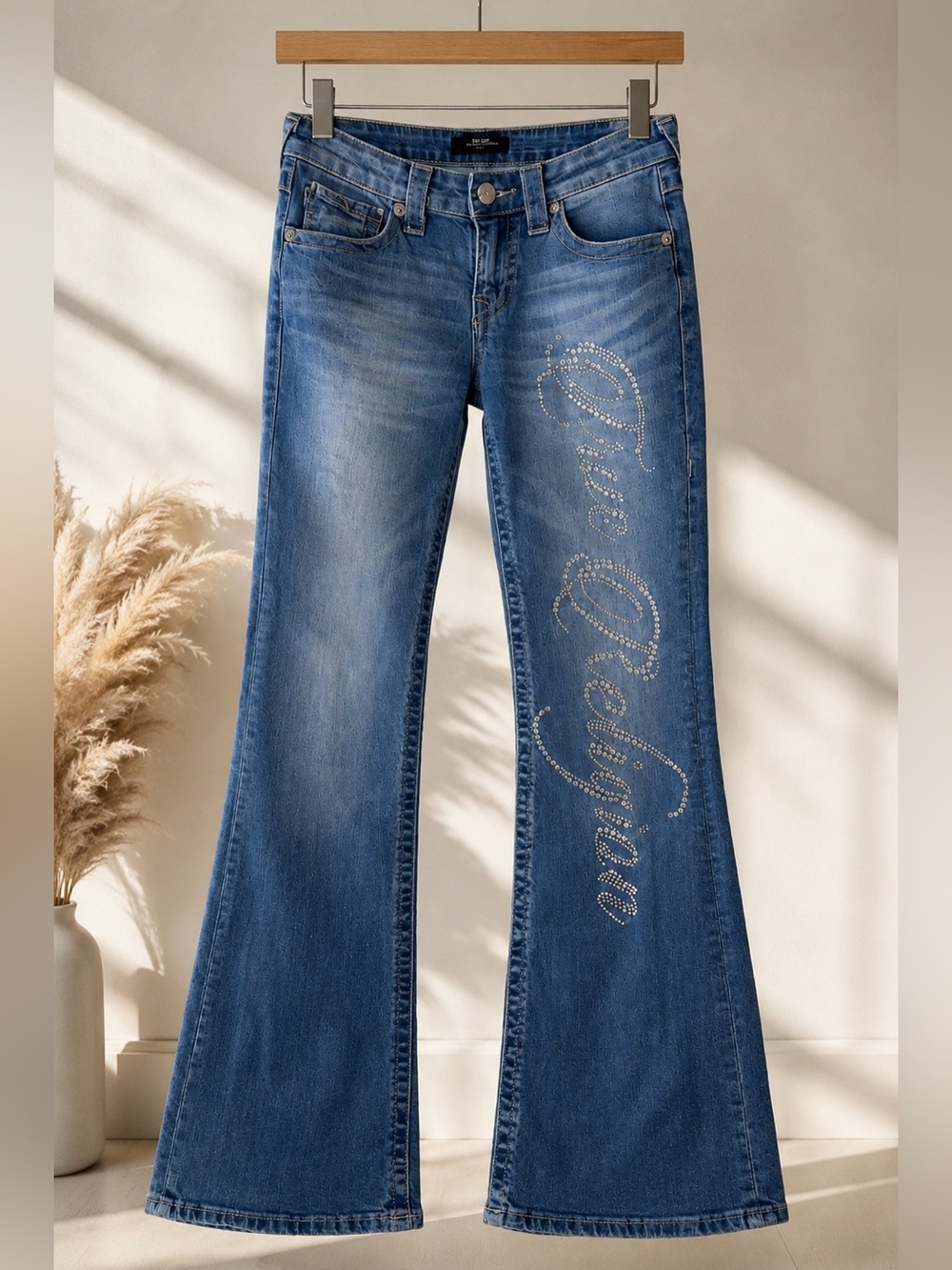 True Religion Blue Flare Jeans with Rhinestone Script